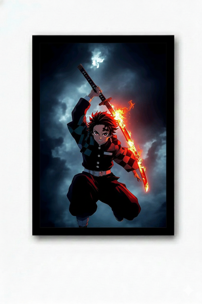 Anime Wall Art Poster | Demon Slayer Inspired Tanjiro Kamado Flame Sword Artwork | Premium Anime Wall Frame for Bedroom, Gaming Room & Anime Lovers