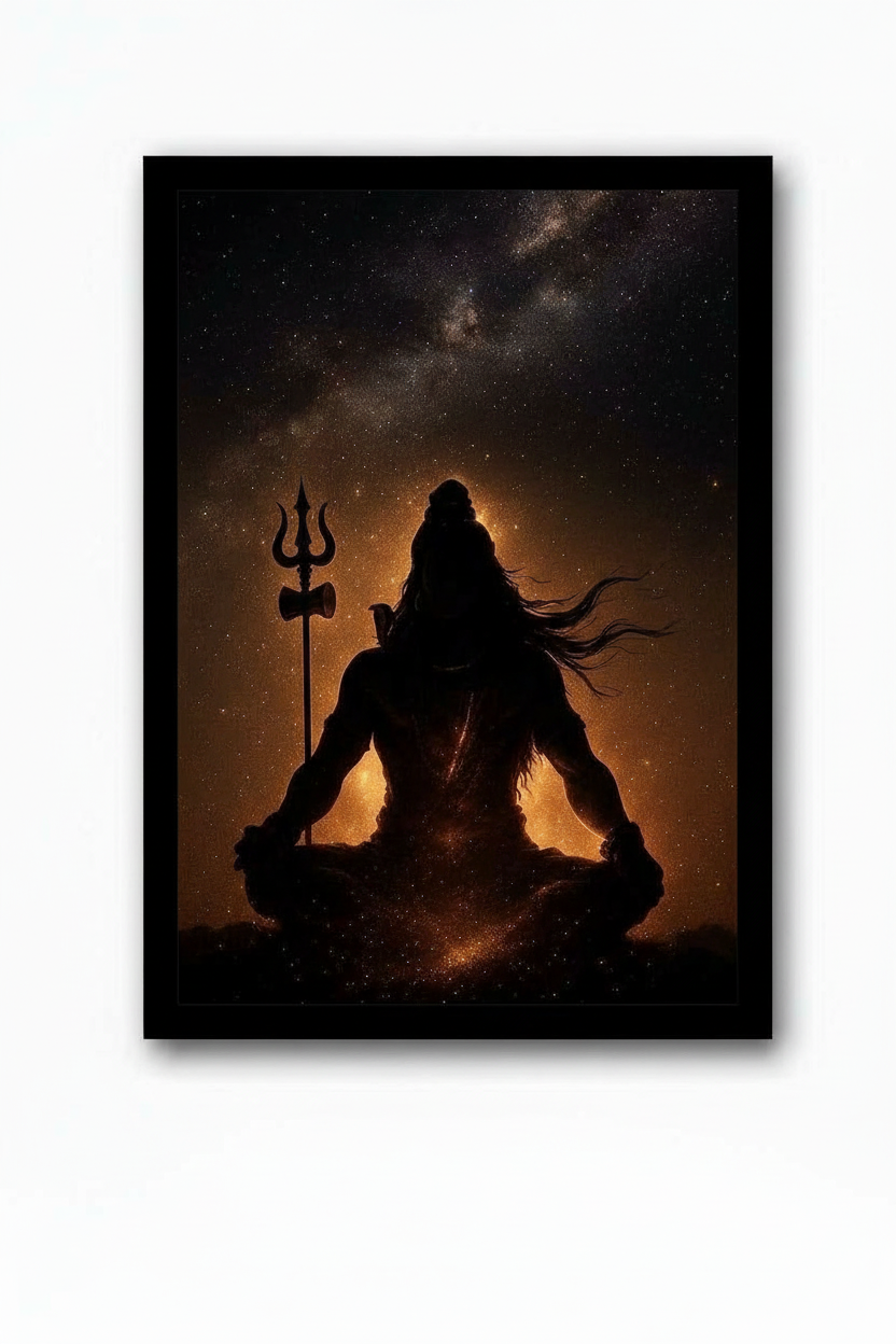 Lord Shiva Meditation Wall Art | Cosmic Mahadev Poster with Trishul | Spiritual Shiva Wall Decor for Home, Office & Temple | Premium HD Print